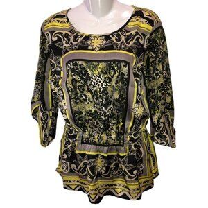 Multiples Medium Black Yellow Print Elastic Waist 3/4 Sleeve Blouse Top Size M